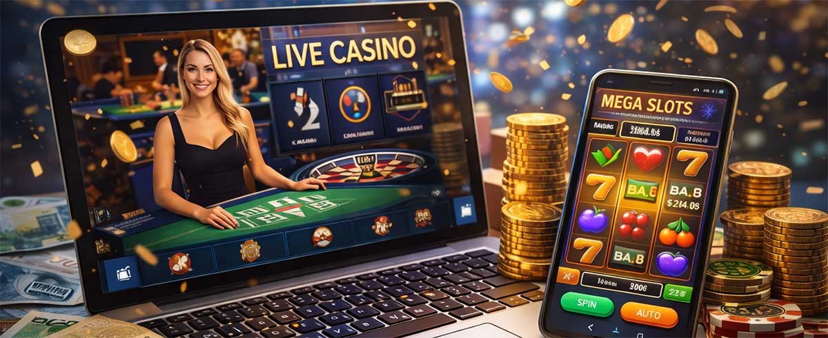 Penge spill på nett. Illustrasjon som viser casino på laptop og mobiltelefon.